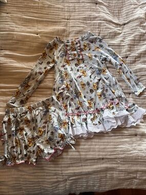 Kids Matching Set - Yellow Character Floral Print Long Sleeve Top & Shorts
